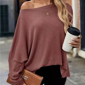 Boutique Off-the-Shoulder Lightweight Knit Sweater in Mauve L